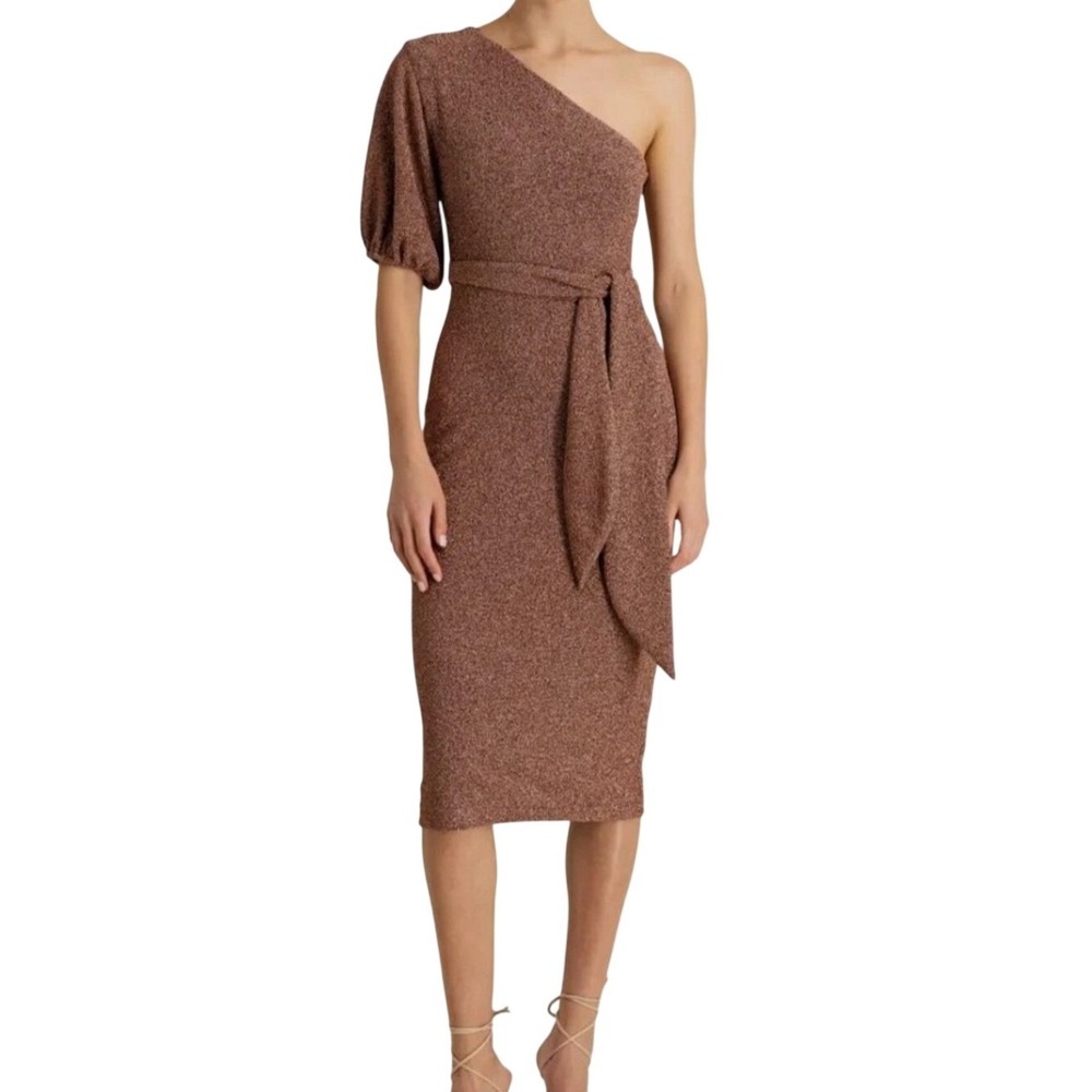 Monique Lhuillier Rose Gold Metallic One Shoulder Midi Dress Size 4 NWT